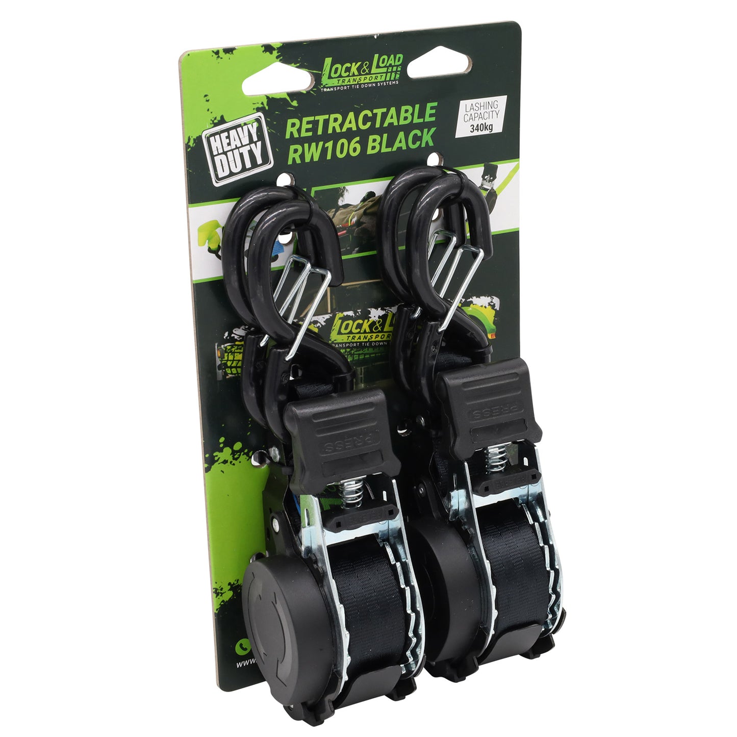 Pair of Black Retractable Ratchet Straps with Safety Clips 25mm Wide 3.6m Long - RW106