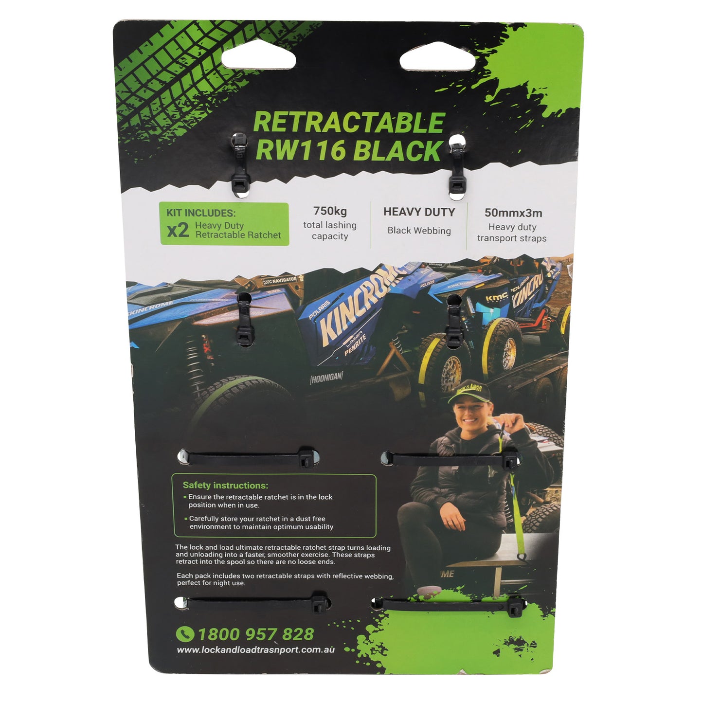 Pair of Black Retractable Ratchet Straps with Safety Clips 50mm Wide 3m Long - RW116