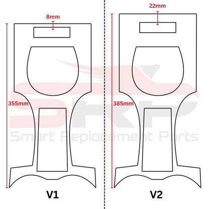 Comparison of dimensions between V1 and V2 models with measurements indicated
