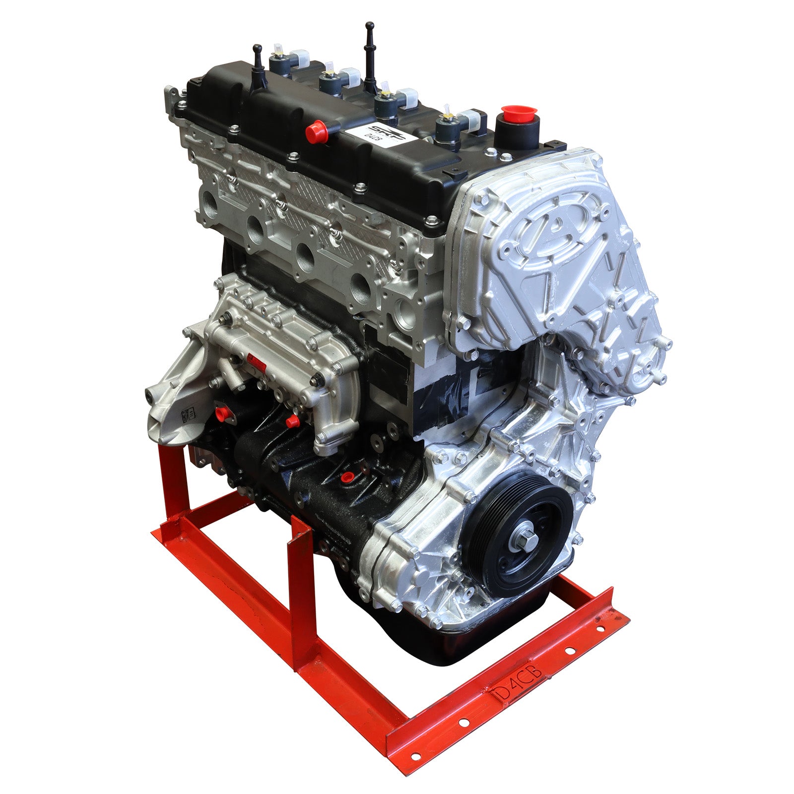 A new Hyundai iLoad 2.5 diesel fuelled engine, displayed on a red stand, ready for installation.