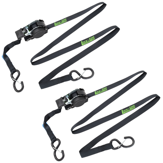Pair of Black Retractable Ratchet Straps with Safety Clips 25mm Wide 3.6m Long - RW106