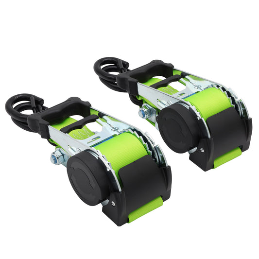 Pair of Green Retractable Ratchet Straps with Safety Clips 50mm Wide 3m Long - RW116